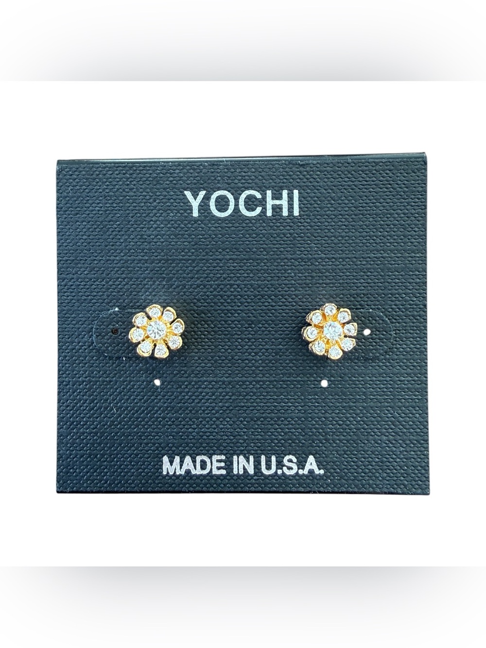 YOCHI Gold Tone Rhinestone Floral Stud Earrings Made in USA Dainty Gift